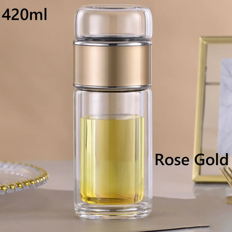 420ml Borosilicate Glass Tea Bottle Double Wall Infuser Tumbler with Tea Strainer Portable Drinkware for Hot Tea and Infusion