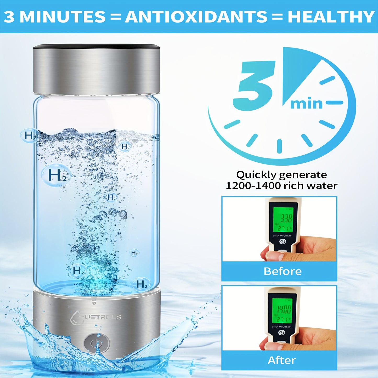 Hydrogen Water Bottle 2024, Hydrogen Water Bottle Generator with SPE PEM Technology Water Ionizer, Hydrogen Water Machine Improve Water in 3 Minutes for Home, Office, Travel, Daily Drinking