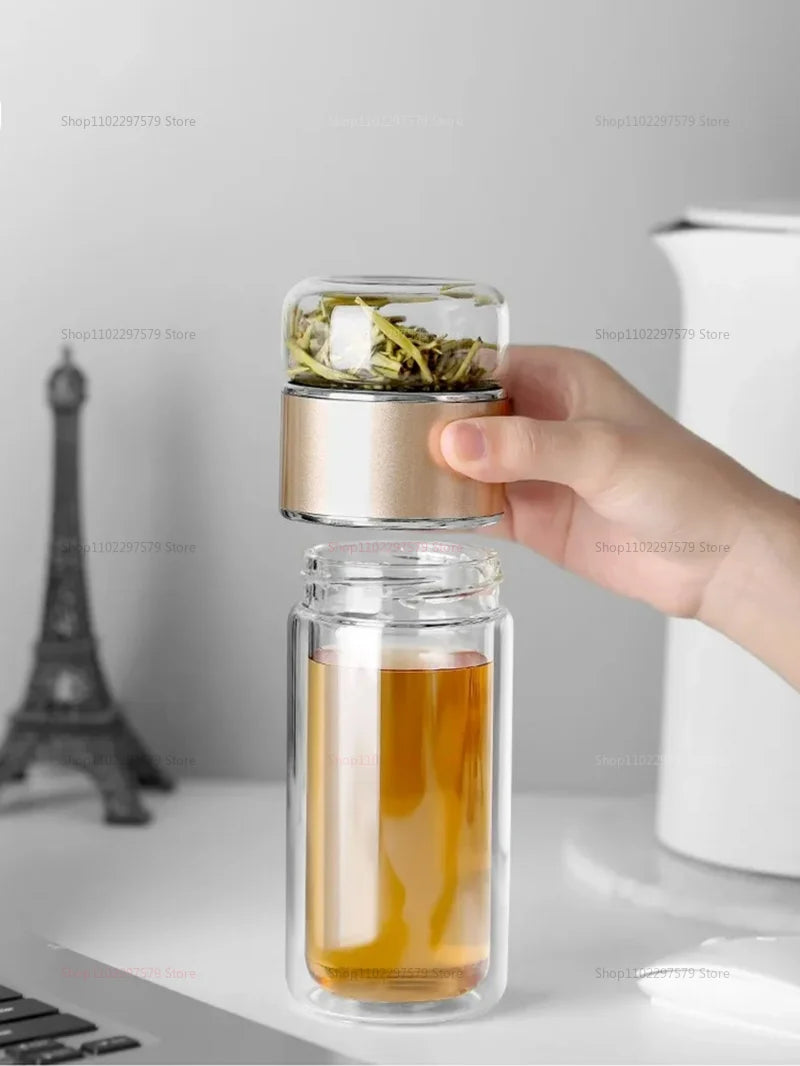 420ML Glass Tea Tumbler with Infuser Double Layered Water Bottle Removable Filter for Loose Leaf Hot Drinks for Office Travel