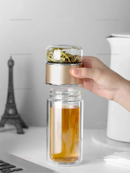 420ML Glass Tea Tumbler with Infuser Double Layered Water Bottle Removable Filter for Loose Leaf Hot Drinks for Office Travel