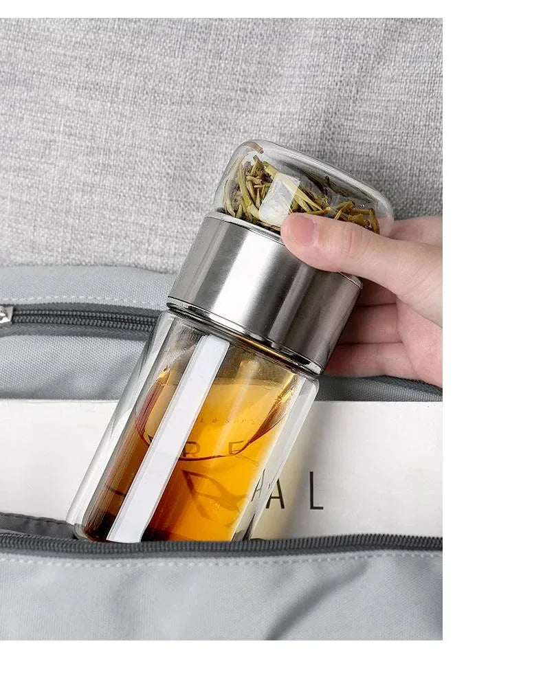 420ml Borosilicate Glass Tea Bottle Double Wall Infuser Tumbler with Tea Strainer Portable Drinkware for Hot Tea and Infusion