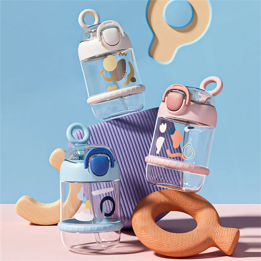 600ML Cute Water Bottle with Straw Portable Plastic Cups Juice Milk Drinking Bottle For Girl Kid Outdoor Drinking Kettle