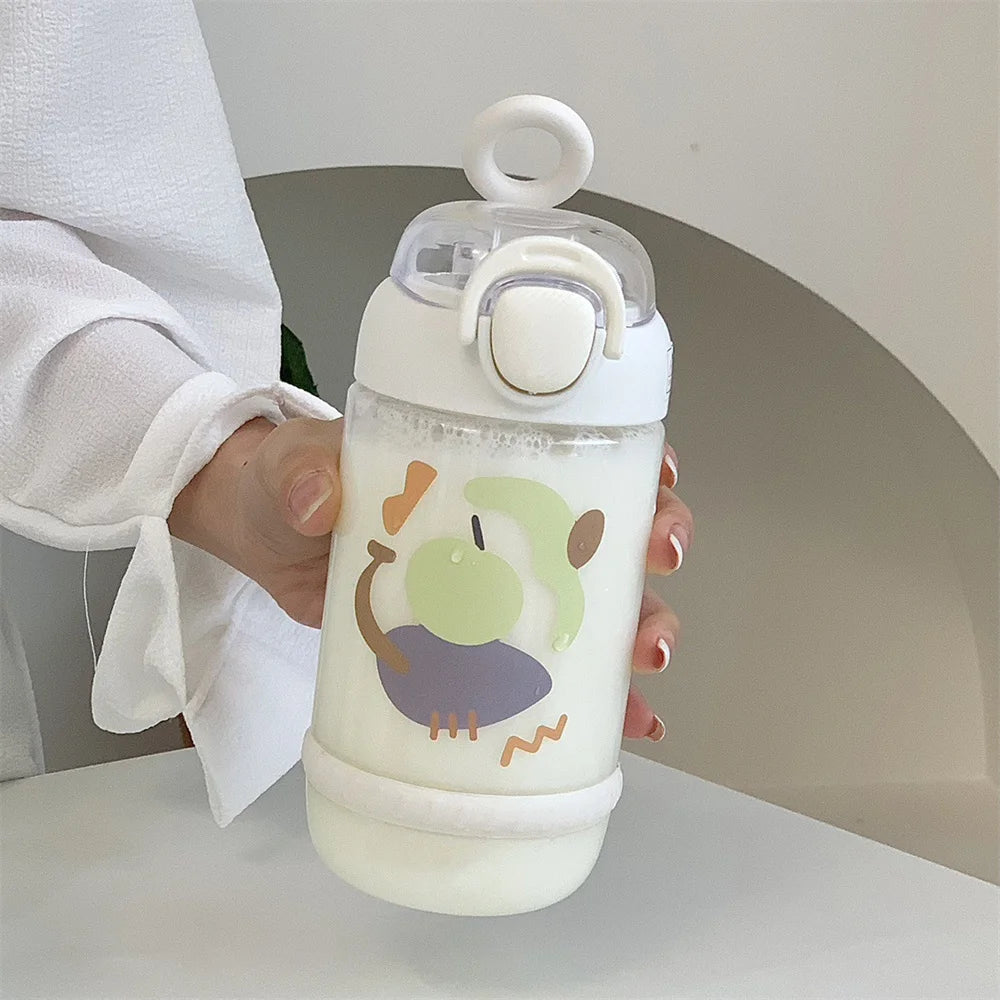 600ML Cute Water Bottle with Straw Portable Plastic Cups Juice Milk Drinking Bottle For Girl Kid Outdoor Drinking Kettle