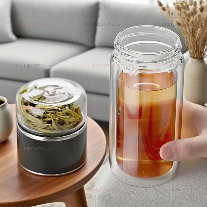 420ML Glass Tea Tumbler with Infuser Double Layered Water Bottle Removable Filter for Loose Leaf Hot Drinks for Office Travel