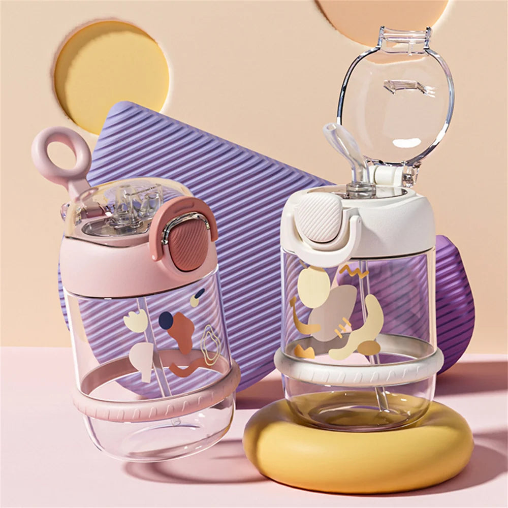 600ML Cute Water Bottle with Straw Portable Plastic Cups Juice Milk Drinking Bottle For Girl Kid Outdoor Drinking Kettle