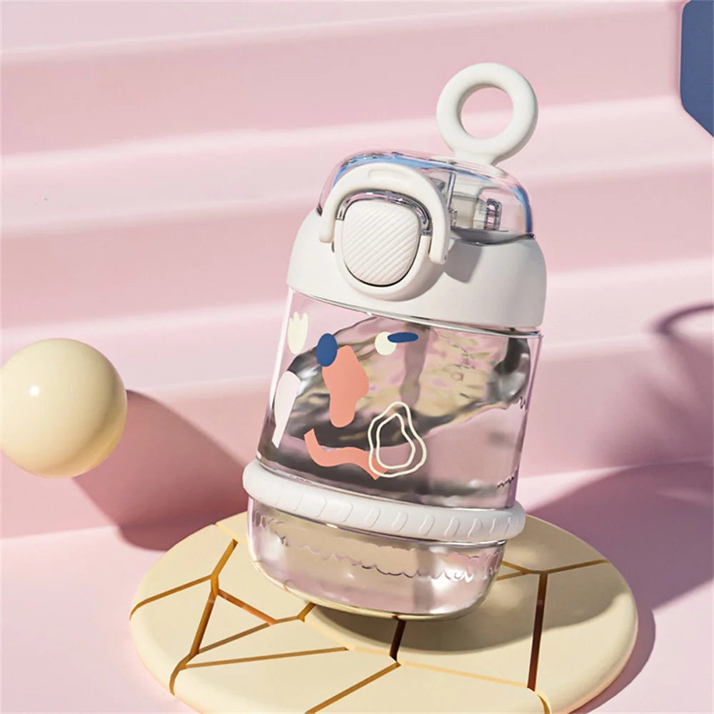 600ML Cute Water Bottle with Straw Portable Plastic Cups Juice Milk Drinking Bottle For Girl Kid Outdoor Drinking Kettle