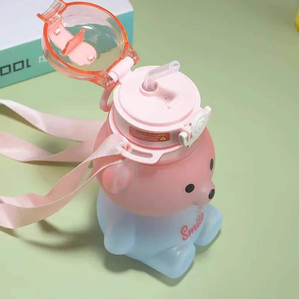 Bear Water Bottle 23 Oz Cute Water Bottle with Straw and Adjustable Strap Leakproof Lightweight BPA Free for Outdoor Portability