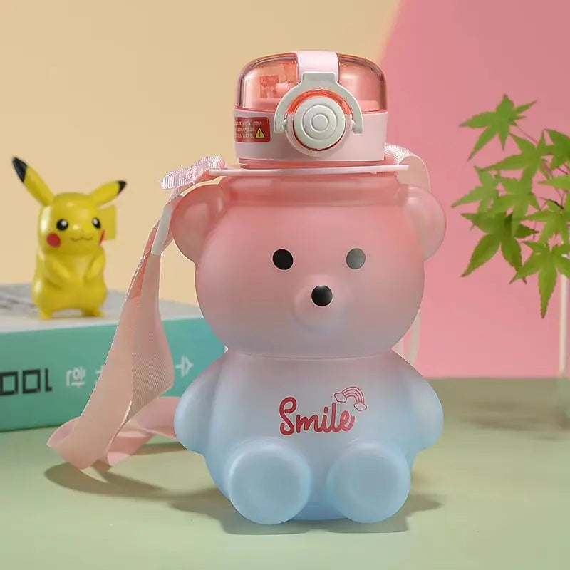 Bear Water Bottle 23 Oz Cute Water Bottle with Straw and Adjustable Strap Leakproof Lightweight BPA Free for Outdoor Portability