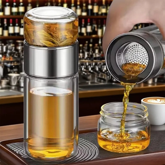 420ML Glass Tea Tumbler with Infuser Double Layered Water Bottle Removable Filter for Loose Leaf Tea Hot Drinks Office Travel