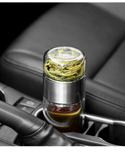 420ml Borosilicate Glass Tea Bottle Double Wall Infuser Tumbler with Tea Strainer Portable Drinkware for Hot Tea and Infusion