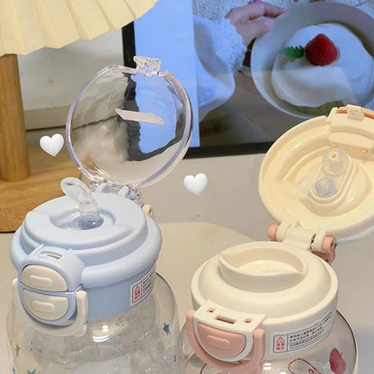 Cute Water Bottle With Straw Portable Plastic Up Cover Water Cup For Kid Kawaii Bottle Water Leak-Proof Cute Drinking Bottle