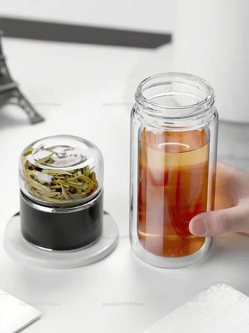 420ML Glass Tea Tumbler with Infuser Double Layered Water Bottle Removable Filter for Loose Leaf Tea Hot Drinks Office Travel