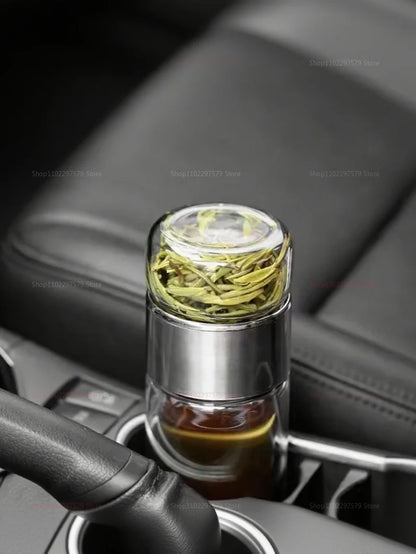 420ML Glass Tea Tumbler with Infuser Double Layered Water Bottle Removable Filter for Loose Leaf Hot Drinks for Office Travel