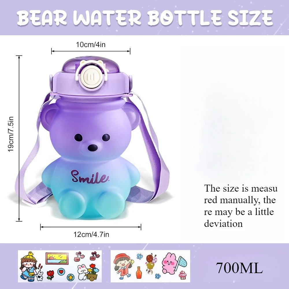 Bear Water Bottle 23 Oz Cute Water Bottle with Straw and Adjustable Strap Leakproof Lightweight BPA Free for Outdoor Portability