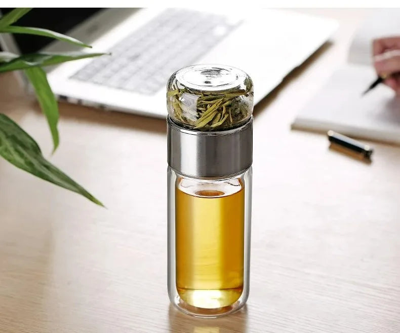 420ml Borosilicate Glass Tea Bottle Double Wall Infuser Tumbler with Tea Strainer Portable Drinkware for Hot Tea and Infusion