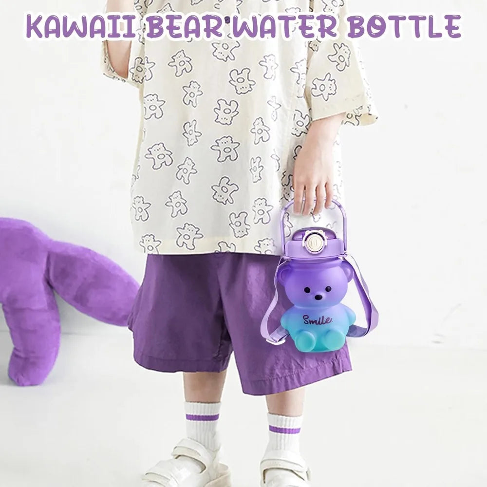 Bear Water Bottle 23 Oz Cute Water Bottle with Straw and Adjustable Strap Leakproof Lightweight BPA Free for Outdoor Portability