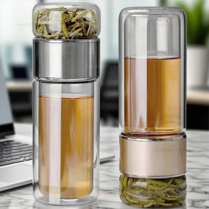 420ML Glass Tea Tumbler with Infuser Double Layered Water Bottle Removable Filter for Loose Leaf Hot Drinks for Office Travel
