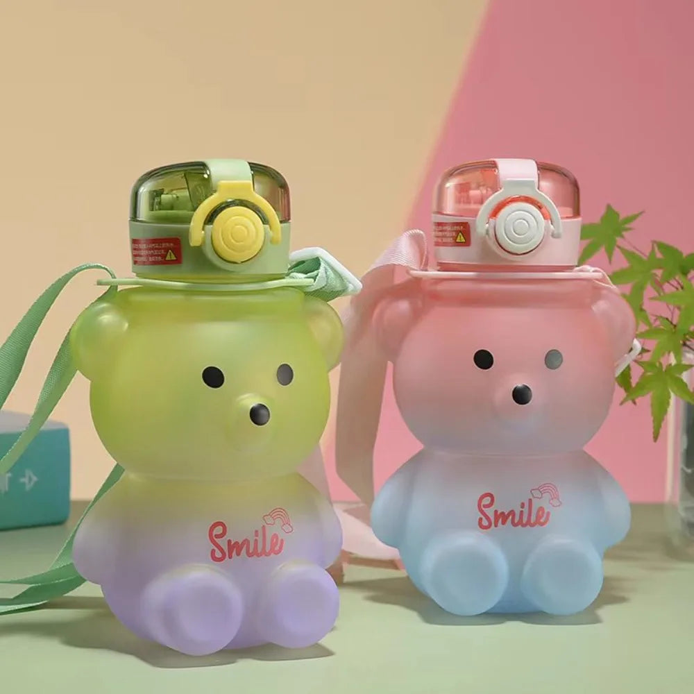 Bear Water Bottle 23 Oz Cute Water Bottle with Straw and Adjustable Strap Leakproof Lightweight BPA Free for Outdoor Portability