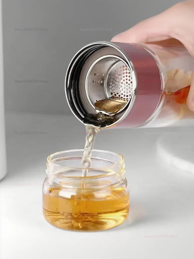 420ML Glass Tea Tumbler with Infuser Double Layered Water Bottle Removable Filter for Loose Leaf Hot Drinks for Office Travel