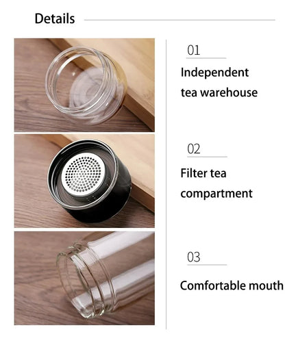 420ml Borosilicate Glass Tea Bottle Double Wall Infuser Tumbler with Tea Strainer Portable Drinkware for Hot Tea and Infusion