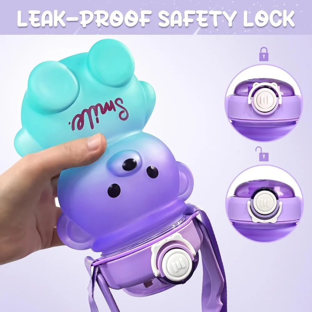 Bear Water Bottle 23 Oz Cute Water Bottle with Straw and Adjustable Strap Leakproof Lightweight BPA Free for Outdoor Portability