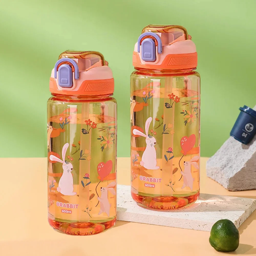 600ml Cartoon Animal Water Bottle Portable Safety Lock Cute Straw Cup Kids Leak-proof Drinking Jug For Outdoor Camping Travel