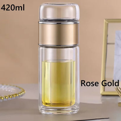 420ML Glass Tea Tumbler with Infuser Double Layered Water Bottle Removable Filter for Loose Leaf Hot Drinks for Office Travel