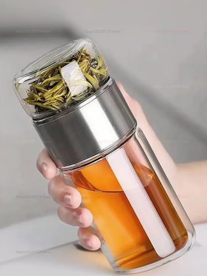 420ML Glass Tea Tumbler with Infuser Double Layered Water Bottle Removable Filter for Loose Leaf Tea Hot Drinks Office Travel