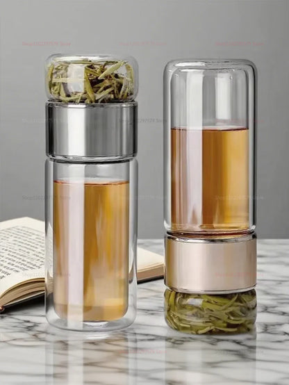 420ML Glass Tea Tumbler with Infuser Double Layered Water Bottle Removable Filter for Loose Leaf Hot Drinks for Office Travel