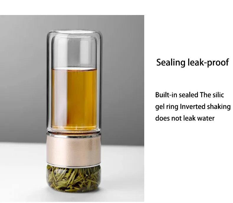 420ml Borosilicate Glass Tea Bottle Double Wall Infuser Tumbler with Tea Strainer Portable Drinkware for Hot Tea and Infusion