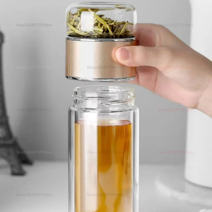 420ml Borosilicate Glass Tea Bottle Double Wall Infuser Tumbler with Tea Strainer Portable Drinkware for Hot Tea and Infusion