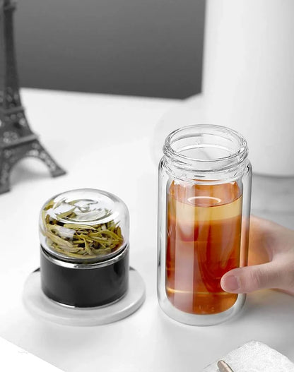 420ml Borosilicate Glass Tea Bottle Double Wall Infuser Tumbler with Tea Strainer Portable Drinkware for Hot Tea and Infusion