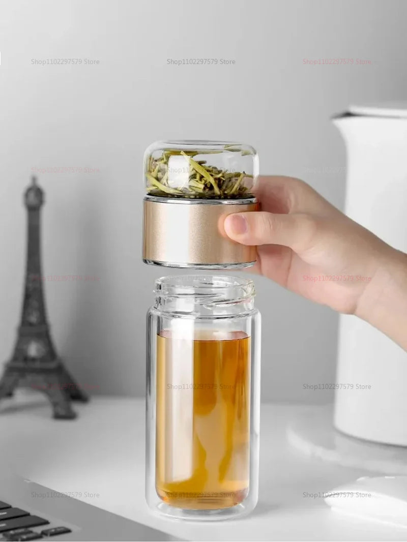 420ML Glass Tea Tumbler with Infuser Double Layered Water Bottle Removable Filter for Loose Leaf Tea Hot Drinks Office Travel