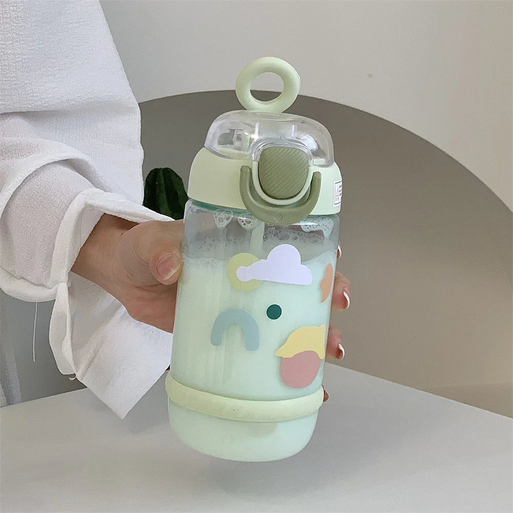 600ML Cute Water Bottle with Straw Portable Plastic Cups Juice Milk Drinking Bottle For Girl Kid Outdoor Drinking Kettle