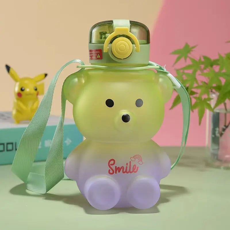 Bear Water Bottle 23 Oz Cute Water Bottle with Straw and Adjustable Strap Leakproof Lightweight BPA Free for Outdoor Portability