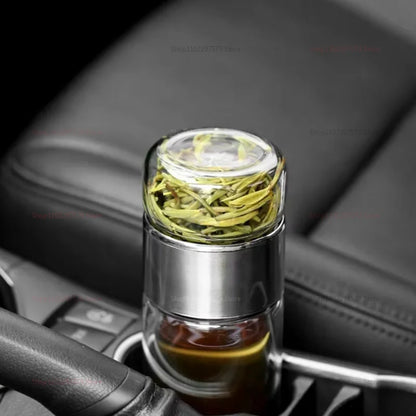 420ml Borosilicate Glass Tea Bottle Double Wall Infuser Tumbler with Tea Strainer Portable Drinkware for Hot Tea and Infusion