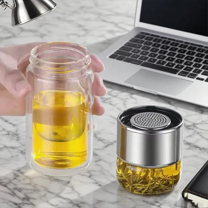 420ML Glass Tea Tumbler with Infuser Double Layered Water Bottle Removable Filter for Loose Leaf Hot Drinks for Office Travel
