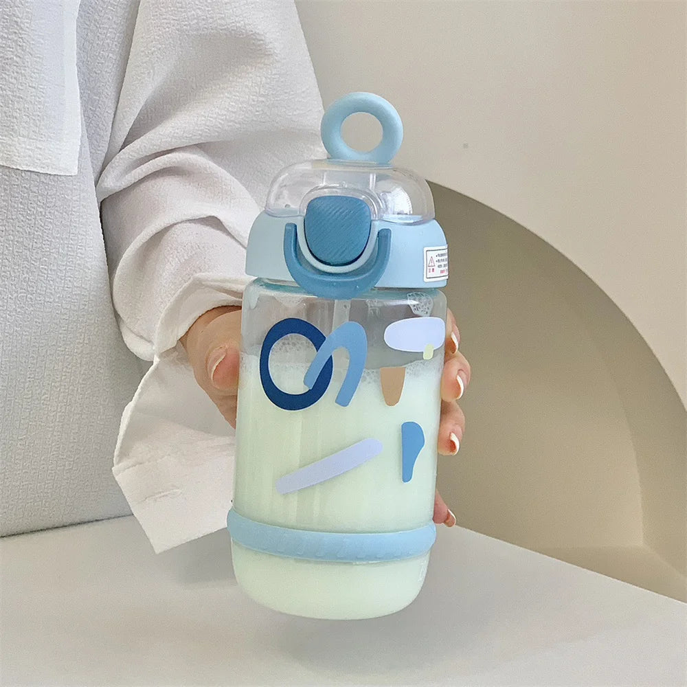 600ML Cute Water Bottle with Straw Portable Plastic Cups Juice Milk Drinking Bottle For Girl Kid Outdoor Drinking Kettle