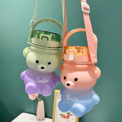 Bear Water Bottle 23 Oz Cute Water Bottle with Straw and Adjustable Strap Leakproof Lightweight BPA Free for Outdoor Portability