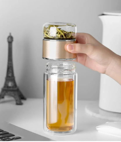 420ml Borosilicate Glass Tea Bottle Double Wall Infuser Tumbler with Tea Strainer Portable Drinkware for Hot Tea and Infusion