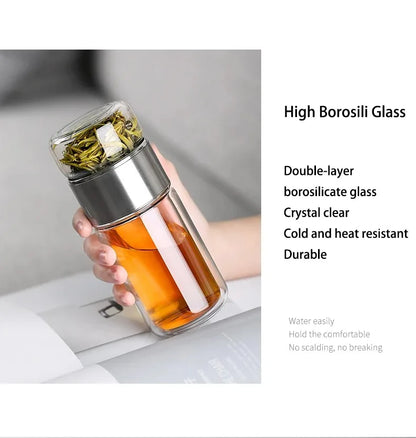 420ml Borosilicate Glass Tea Bottle Double Wall Infuser Tumbler with Tea Strainer Portable Drinkware for Hot Tea and Infusion