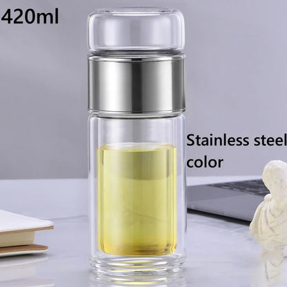 420ml Borosilicate Glass Tea Bottle Double Wall Infuser Tumbler with Tea Strainer Portable Drinkware for Hot Tea and Infusion