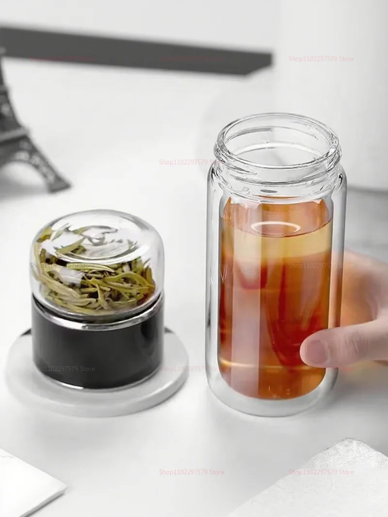 420ML Glass Tea Tumbler with Infuser Double Layered Water Bottle Removable Filter for Loose Leaf Hot Drinks for Office Travel
